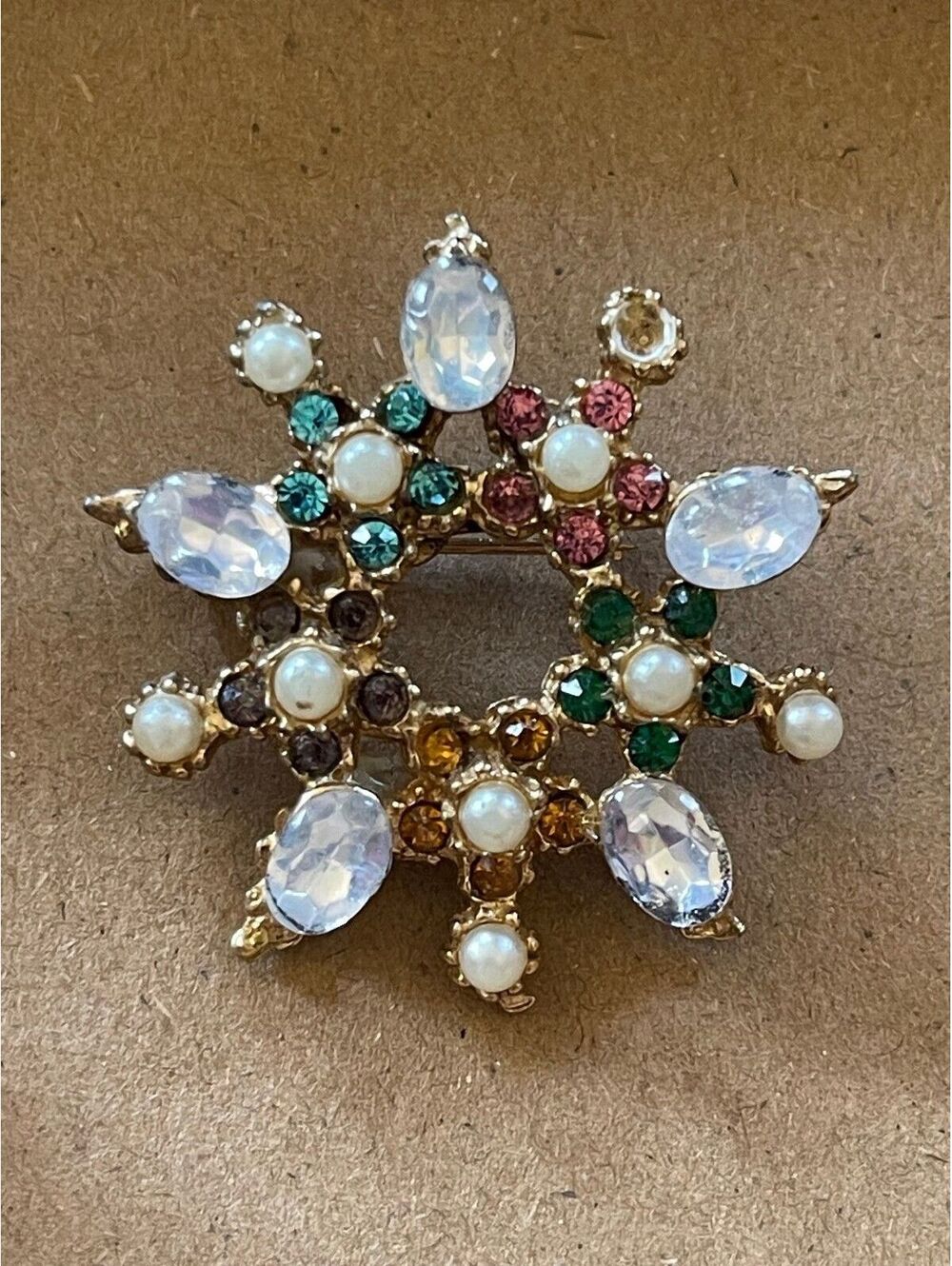 Vintage Multi-Color Rhinestone and Faux Pearl Starburst Pin 1950s